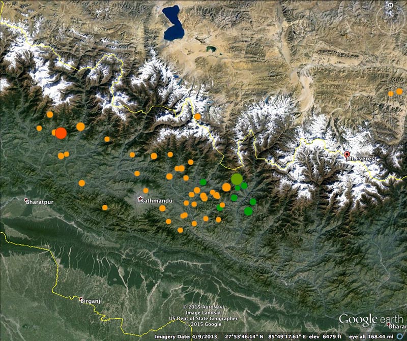 Map showing mainshock and aftershock sequences of M7.8 and M7.3 Nepal quakes.