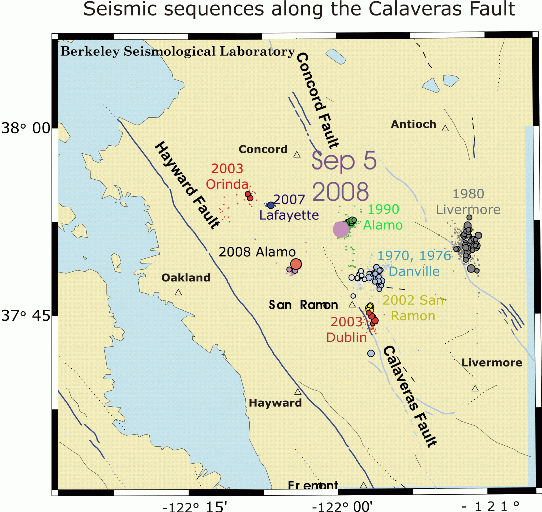 Map of recent earthquake swarms near the Calaveras Fault