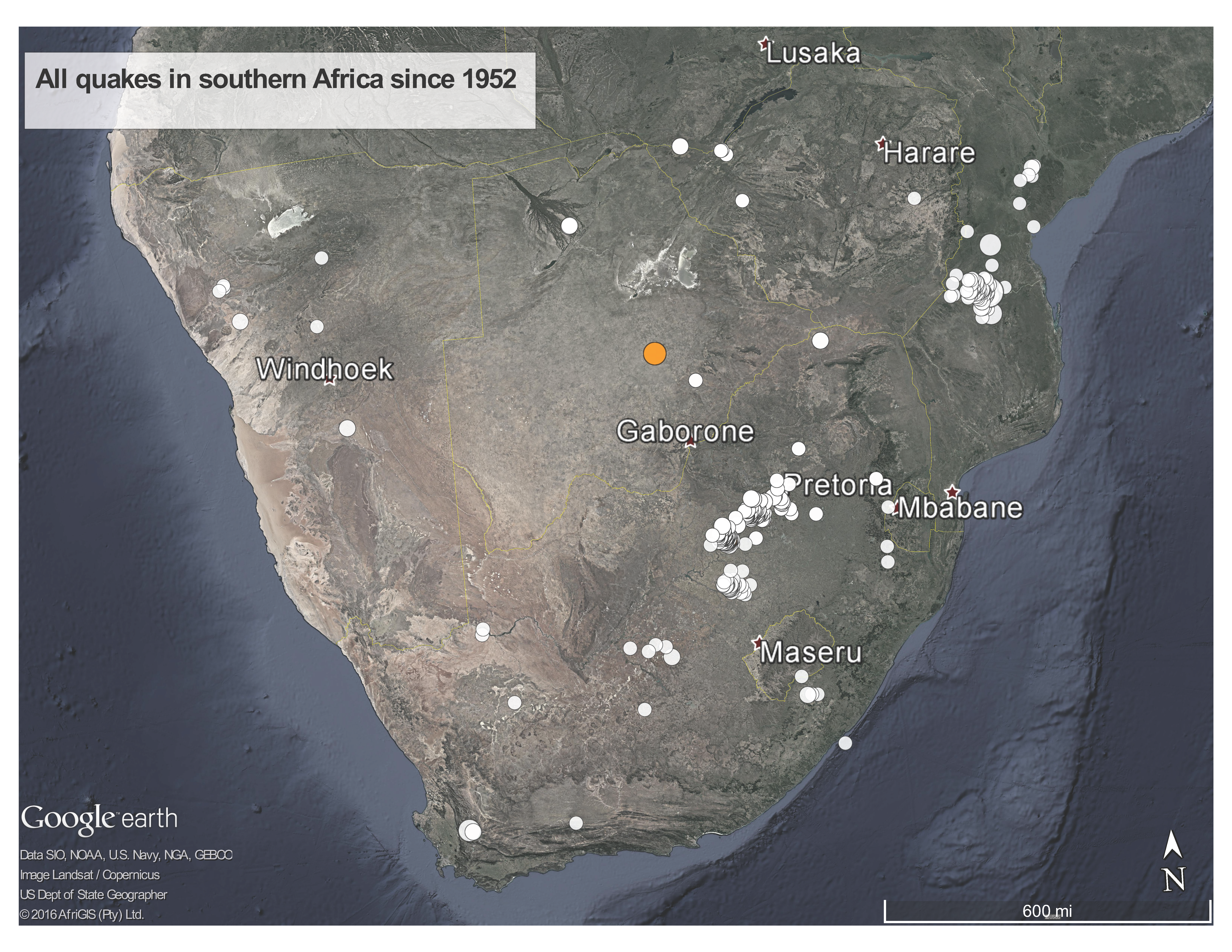 Plot of Africa with seismic history