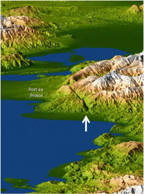 Model showing mountains and water, with Port au Prince labeled and an arrow pointing to an area to its right