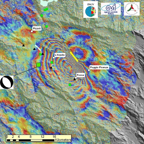 Multicolored InSAR map showing area around L'Aquila.
