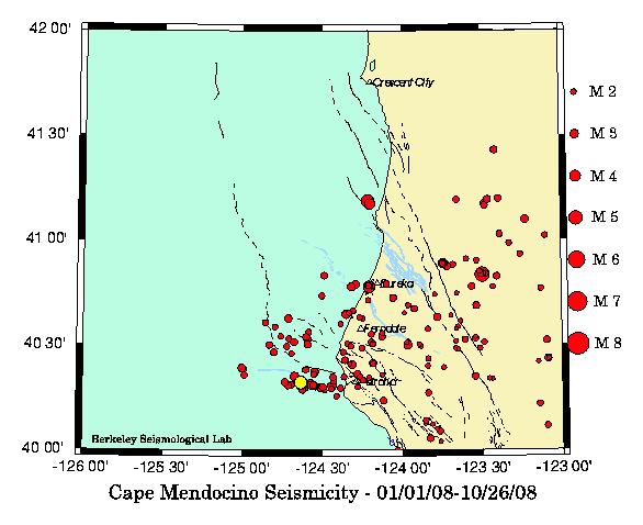 Map showing locations and magnitudes of 2 recent quakes offshore near petrolia, CA in yellow against background seismicity for the Cape Mendocino area in red.