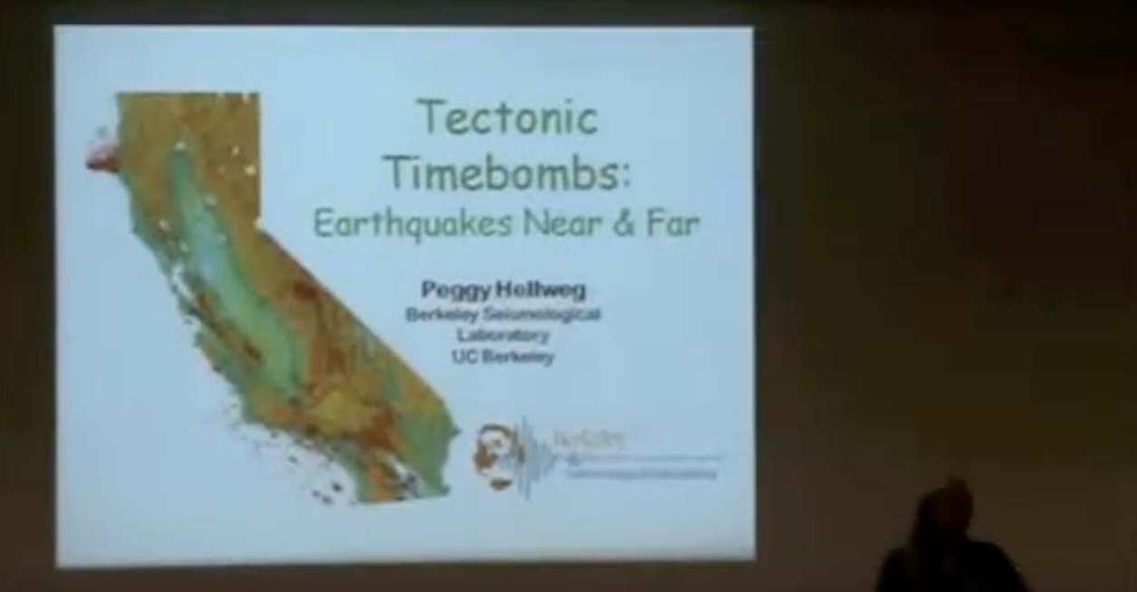 Map of California with text Tectonic Timebombs: Earthquakes Near & Far 