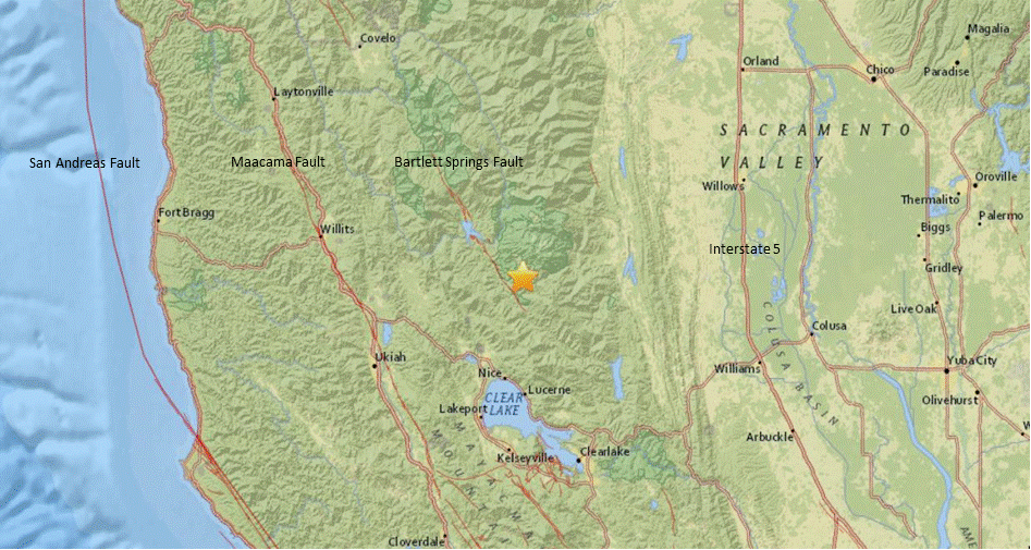 Map showing epicenter of quake as star. Quake location is just north of CLear Lake, between I5 and 101