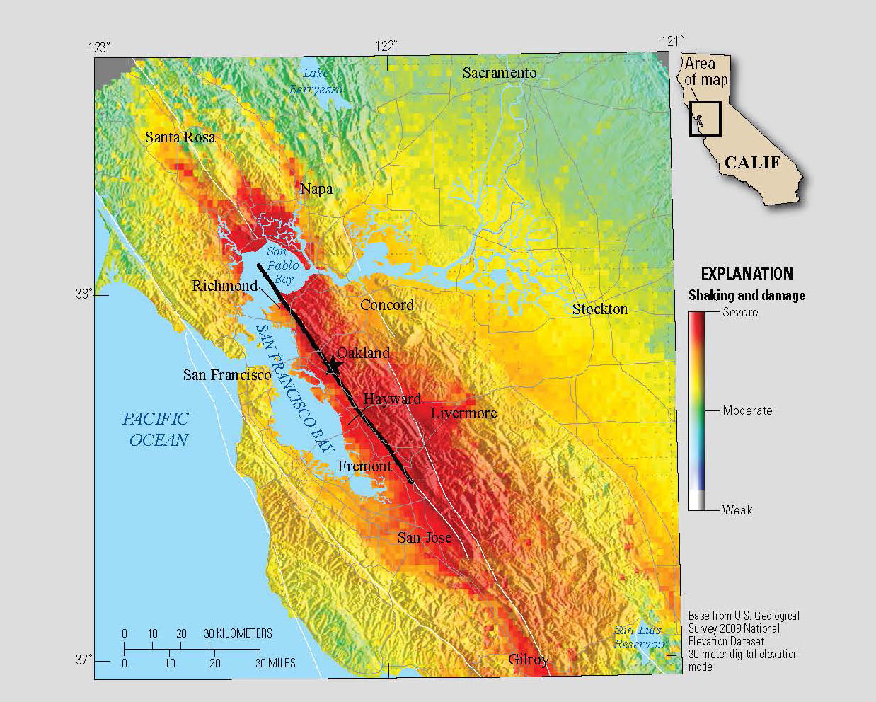 Graph showing expected shaking of hypothetical M7 quake on the Hayward Fault