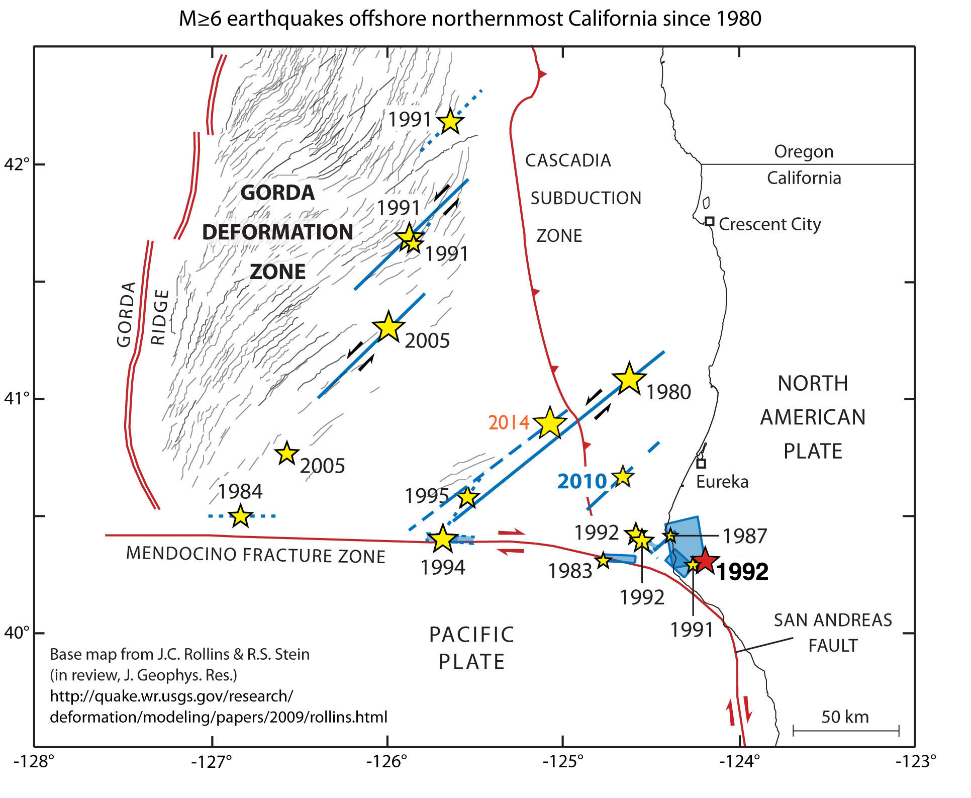 Map with stars showing large earthquakes near Cape Mendocino