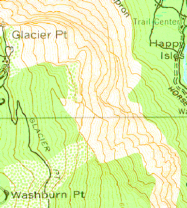 Contour map of Happy Isles area of Yosemite Valley.