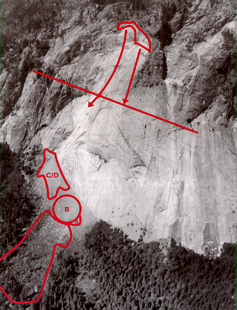 Photo of cliff with detachment zone and impact area noted