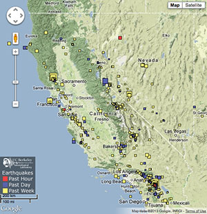 screenshot of real-time earthquake map
