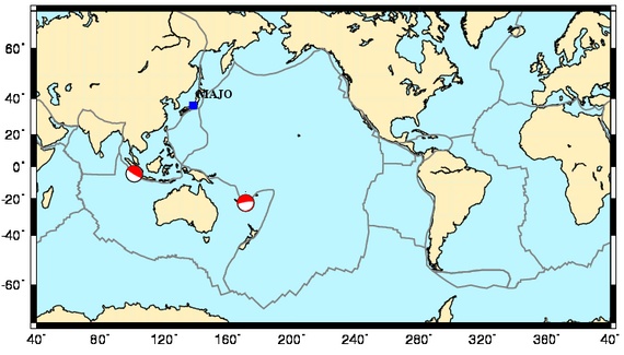Map showing locations of two earthquakes and station Matsushiro (MAJO) in Japan (blue square).