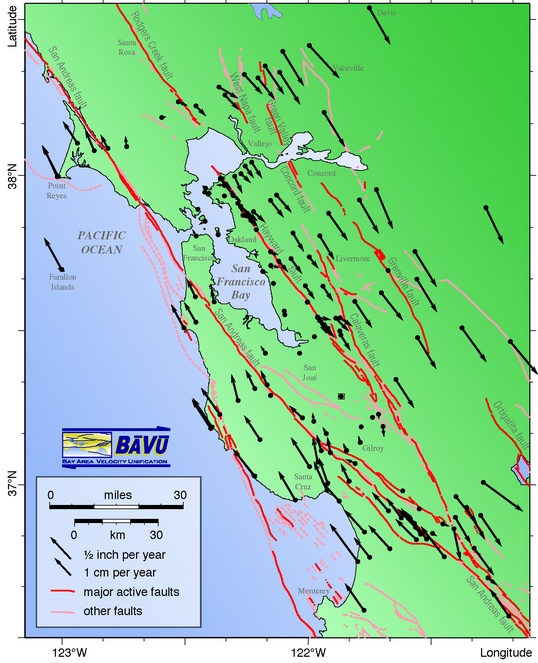 GPS instrument plate motion map for the Bay Area.