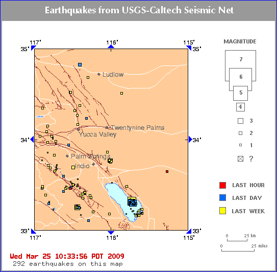 Map showing many recent small earthquakes near Bombay Beach, CA. The 3/24/09 Mw 4.8 quake is also shown.