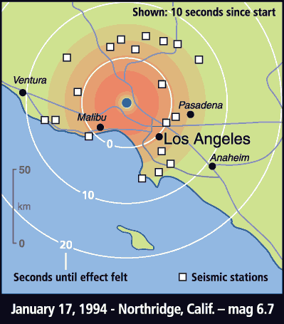 Map of Southern California, showing how much warning time would be available for people at various distances from the damage epicenter of the earthquake.