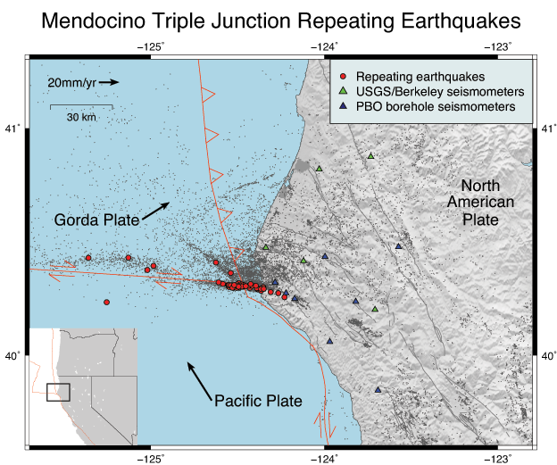 Map showing earthquakes and faults at Mendocino Triple Junction