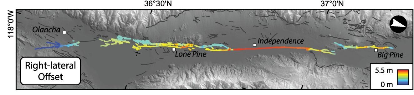 Map showing earthquake slip from Olancha to Big Pine