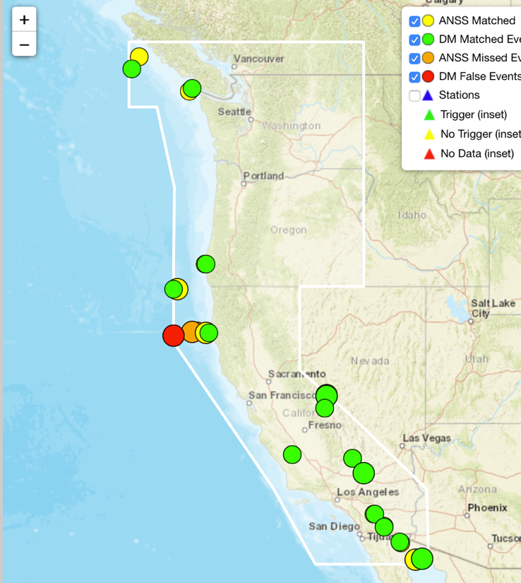 Map showing locations of quakes in CA detected by EPIC algorithm.