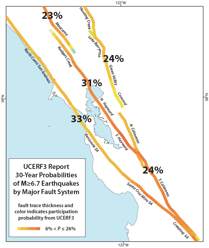 Map of Bay Area showing major faults with earthquake probabilities