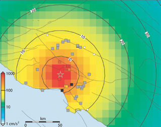WHOLE LOTTA SHAKIN'. A warning system could predict ground motions from an ongoing quake. This map depicts predicted peak ground accelerations (color scale) in Southern California as if estimated 10 seconds after the 1994 Northridge quake began. Numbers in white boxes indicate warning time in seconds until arrival of peak ground motion.